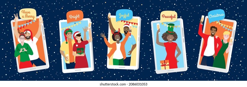 Navidad virtual, feliz Año Nuevo divertida ilustración vectorial en línea. Diversos hombres jóvenes, mujeres celebrando juntos, saludando usando tecnología segura de videoconferencia en internet mientras el distanciamiento social