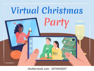 Virtual Christmas Party Poster Flat Vector Template. Festive Holiday. Brochure, Booklet One Page Concept Design With Cartoon Characters. New Year Celebration Flyer, Leaflet With Copy Space