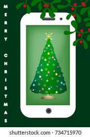 A virtual Christmas tree on his smart phone.
A card to celebrate Christmas in shades of greens with on a phone screen a decorated fir. English text.