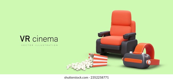 Virtual cinema. 3D chair, VR glasses, scattered popcorn. Digital world. Entertainment in cyberspace. Immersion in augmented reality. Color concept with place for text