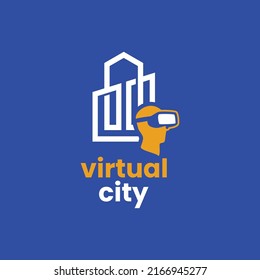 Virtuell mit Stadtbau, Logo-Design, Vektorsymbol-Ikone, kreative Idee