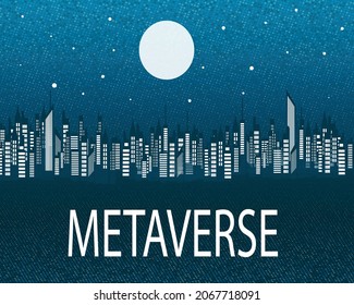 virtual city at night in metaverse. blue background vector illustration.