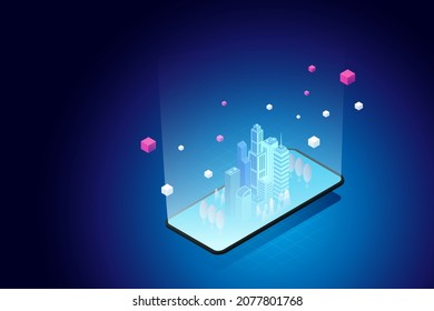 Virtual city on tablet Experience Metaverse, the limitless virtual reality technology. isometric vector illustration.