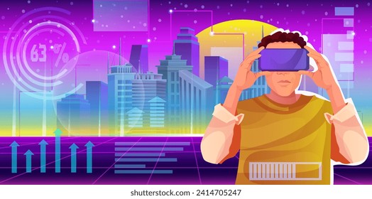Virtual city world with man in vr goggles, digital interface with cityscape hologram, network technology, abstract cyberspace, futuristic science. Retro neon art. Galaxy matrix. Vector illustration