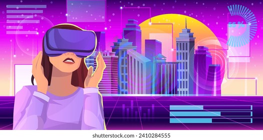 Virtual city world with woman in vr headset wathing at digital interface with cityscape hologram, network technology cyberspace, futuristic science. Retro neon art. Galaxy matrix. Vector illustration