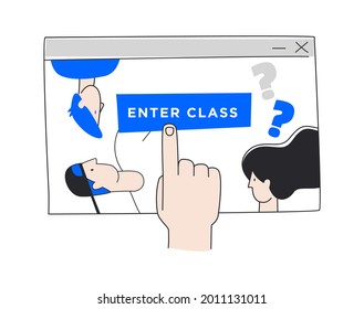 Virtual class. Online School Education Program. Guide, self-study video lesson. Education for children, teens, teenagers, adult students. Vector illustration doodles, line art style design