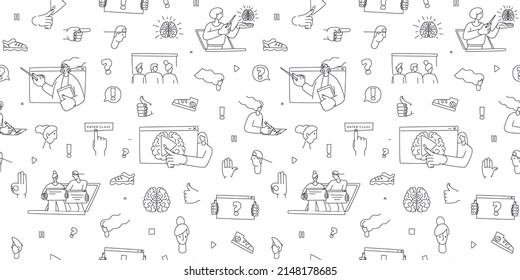 Virtual class. Online School Education Program. Video lesson. Education for children, teens, teenagers, adult students. Vector illustration doodles, line art style background seamless pattern