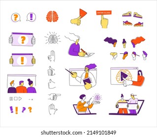 Virtual class. Online School Education Program. Video lesson. Education for children, teens, teenagers, adult students. Vector illustration doodles, line art style design set