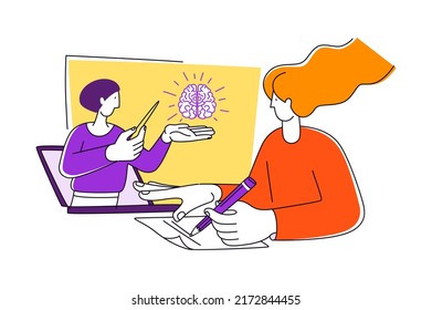 Virtual Class. Online School Education Program. Guide, Self-study Video Lesson. Education For Children, Teens, Teenagers, Adult Students. Vector Illustration Doodles, Line Art Style Design