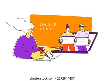 Virtual Class. Online School Education Program. Guide, Self-study Video Lesson. Education For Children, Teens, Teenagers, Adult Students. Vector Illustration Doodles, Line Art Style Design