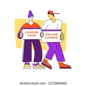 Virtual Class. Online School Education Program. Guide, Self-study Video Lesson. Education For Children, Teens, Teenagers, Adult Students. Vector Illustration Doodles, Line Art Style Design