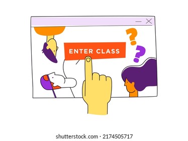 Virtual class. Online School Education Program. Guide, self-study video lesson. Education for children, teens, teenagers, adult students. Vector illustration doodles, line art style design