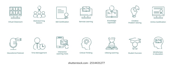 Sala de aula virtual, Sessão de debate, Certificação de habilidades, Aprendizagem remota, Expansão do conhecimento, Solução criativa de problemas, Certificação on-line, Podcast educacional, Ícones vetoriais de gerenciamento de tempo 