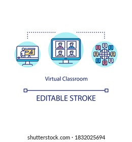 Virtual Classroom Concept Icon. Elearning. Web Conferencing. Distance Education. Online Learning Environment Idea Thin Line Illustration. Vector Isolated Outline RGB Color Drawing. Editable Stroke