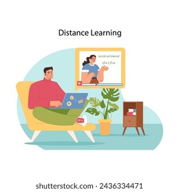 Virtual classroom concept. Male student engaging with online math lesson, showing convenience and accessibility of distance learning. Modern technologies in help of education. Flat vector illustration