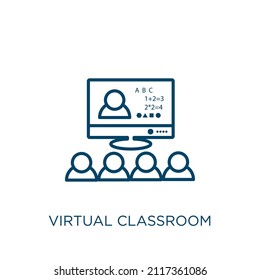 Virtual Classroom Icon. Thin Linear Virtual Classroom Outline Icon Isolated On White Background. Line Vector Virtual Classroom Sign, Symbol For Web And Mobile