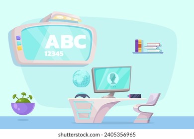 Virtual classroom with modern equipment vector illustration. Video conferencing tools, desk with computer, virtual glasses. Online education, modern technology concept