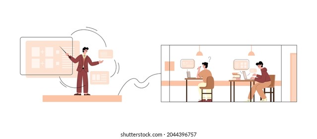 Virtual classroom online conference with people using internet communication technology for studying and teaching, flat vector illustration isolated on white background.