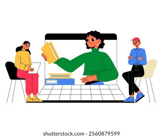 Virtual Classroom Scene With A Female Tutor And Male And Female Students In Flat Vector Illustration Symbolizing E Learning, Education, And Technology, Isolated On White Background