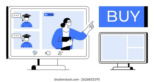 Virtual classroom session with teacher and students on computer screen, adjacent to a Buy button. Ideal for online learning, e-commerce, webinars, digital marketing, virtual meetings, remote