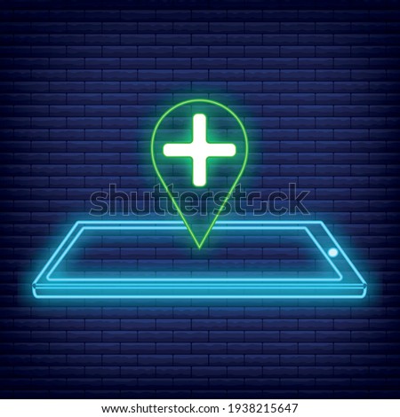 Virtual Clinic Neon Icon. Concept for Healthcare Medicine and Lifestyle. Outline Virtual Doctor. Medical Symbol, Icon and Badge. Simple Vector illustration on dark brickwork.