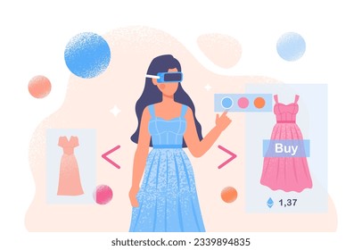Virtual clothes shopping concept. Woman in VR glasses chooses blue and pink dress. Modern technologies and innovations. Electronic commerce and home delivery. Cartoon flat vector illustration