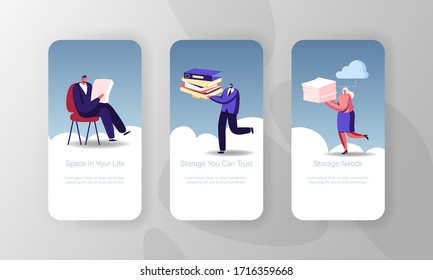 Virtual Cloud Storage Service Mobile App Page Onboard Screen Template. Tiny People Characters Carry Paper Documents. Computing, Information Upload, Save and Share Concept. Cartoon Vector Illustration