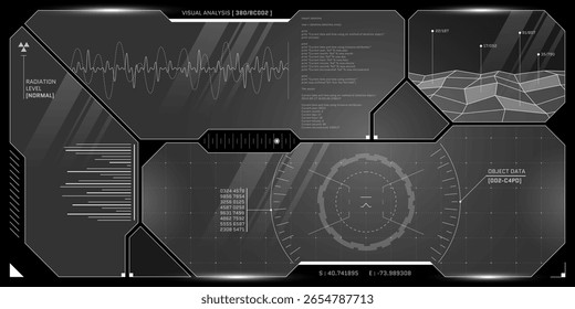 Interfaz de cabina virtual con radar de IA, rejilla de escaneo y paneles de ciencia ficción. El HUD transparente muestra el tablero futurista para el control de la nave espacial cyberpunk o el diseño del sistema de VR.