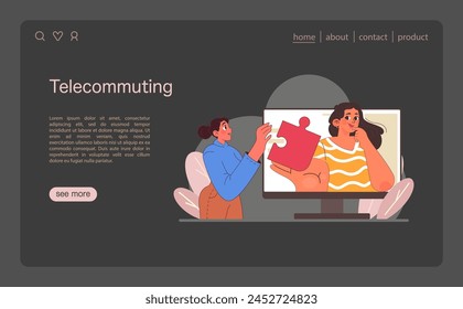 Concepto de colaboración virtual. Los colegas se conectan a través de una pantalla de computadora, resolviendo problemas juntos en una pieza de rompecabezas metáfora para el trabajo en equipo. Ilustración vectorial plana