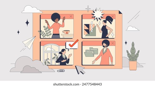 Virtual collaboration and distant work tiny person neubrutalism concept. Employee talking on video call as effective method for business partnership and teamwork vector illustration. Online meeting.