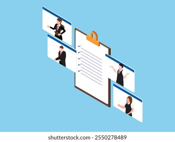 Virtual Collaboration and Task Management with Online Checklist 3d isometric vector illustration