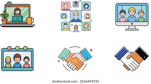 Virtual Collaboration and Teamwork Icon Set – Minimalist Symbols for Remote Work, Video Calls, and Team Partnerships
