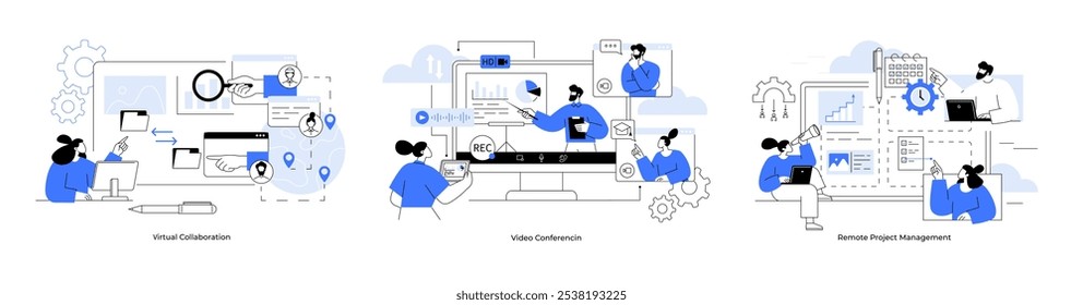 Virtuelle Zusammenarbeit, Videokonferenzen, Remote-Projektmanagement. Menschen, die verschiedene Bildschirme arbeiten, einschließlich Diagrammen und Videoanrufen. Remote-Arbeit, Videokonferenzen, Teambesprechungen, Projektmanagement