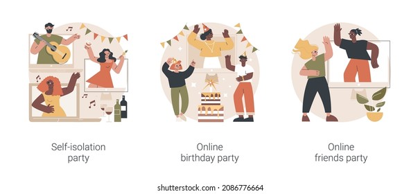 Virtual Communication Abstract Concept Vector Illustration Set. Self-isolation Party, Online Birthday, Online Friends Meeting, Video Call, Quarantine Fun, Coronavirus Outbreak Abstract Metaphor.