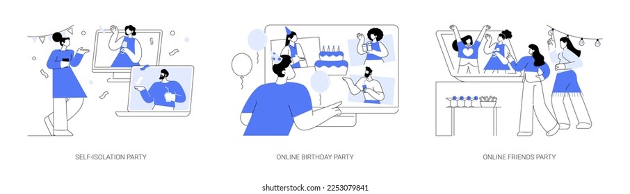 Virtual communication abstract concept vector illustration set. Self-isolation party, online birthday, online friends meeting, video call, quarantine fun, coronavirus outbreak abstract metaphor.