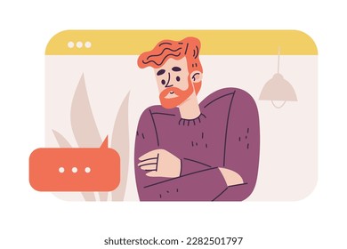 Virtual Communication with Bearded Man Character in Web Window Talking to Somebody Vector Illustration