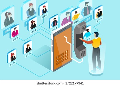 Virtual communication between man and group of people. Chat, talk, consultation, customer support. Isometric vector detailed illustration.