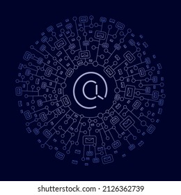 Virtual communication by e-mail. Outline image of email sign, letters and motherboard diagrams. Vector illustration.