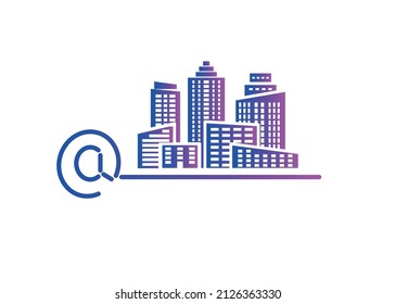 Virtual communication by e-mail. Outline image of email sign and abstract city silhouette. Vector illustration.