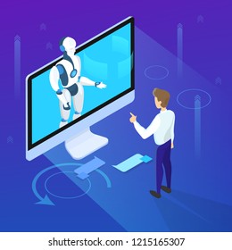Virtual communication in the computer. Futuristic technology. Man talking to artificial intelligence. Isolated vector isometric illustration