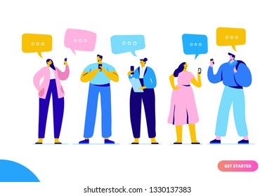 Virtual communication concept. Group of Young People Characters Chatting Using Smartphone. Flat vector  characters isolated on white background