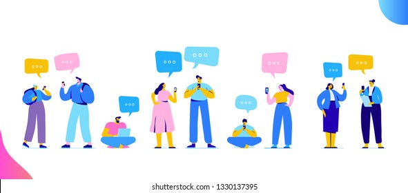 Virtual communication concept. Group of Young People Characters Chatting Using Smartphone. Flat vector  characters isolated on white background