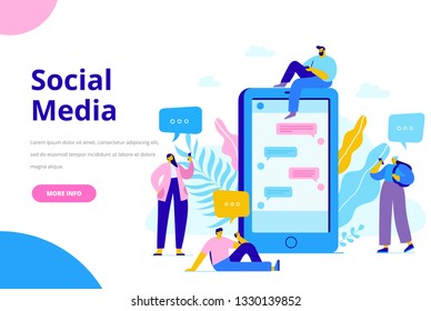 Virtual communication concept. Group of Young People Characters Chatting Using Smartphone. Flat vector  illustration for web. 