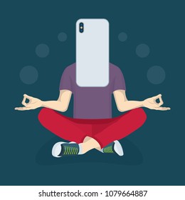 Virtual communication concept illustration. 
Young man with long beard and mustache relaxing in lotus position.