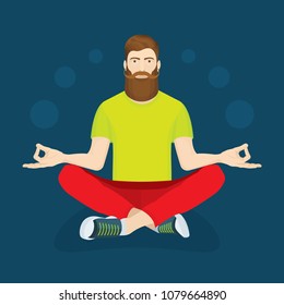 Virtual communication concept illustration. 
Young man with long beard and mustache relaxing in lotus position.