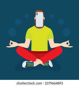 Virtual communication concept illustration. 
Young man with long beard and mustache relaxing in lotus position.