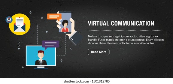 Virtual communication concept. Internet banner with icons in vector. Web banner for business, finance, strategy, investment, technology and planning.