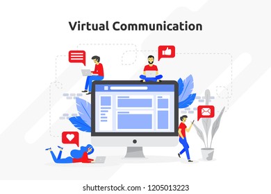 Virtual communication concept modern flat design. Social media community cartoon background.Vector illustration
