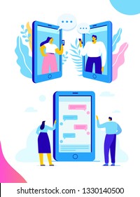 Virtual communication concept. Young couple Characters Chatting Using Smartphone. Flat vector illustation for web.