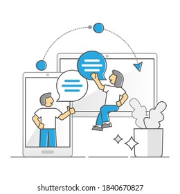 Virtual communication with distance online talking monocolor outline concept. Web network application for remote interaction, chat or messaging wirelessly vector illustration. Digital phone call scene